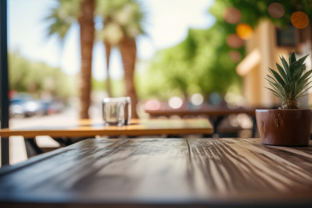 Close-up of Wooden Table at Coffee Shop with Blurred Bokeh Background for Product Display, Presentation. Selective Focus. Copy Space. Generative AIの素材