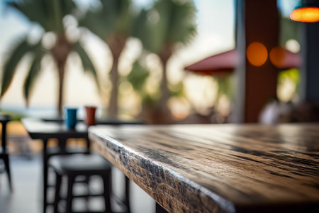 Close-up of Wooden Table at Coffee Shop with Blurred Bokeh Background for Product Display, Presentation. Selective Focus. Copy Space. Generative AIの素材