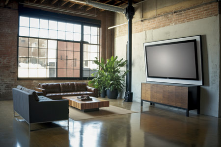 Large tv screen display monitor in foyer, lobby, office hall, public place interior. Screen, display, foyer, lobby, hall, office, public, place, loft, mockup, template, meeting, room, interior, table, chair, presentation, empty, tv, lcd, plasma, business, conversation, negotiation, corporative, white.の素材