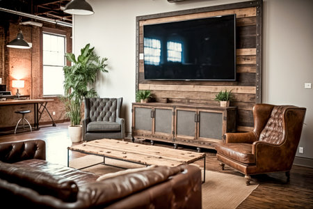 Large tv display monitor in foyer, lobby, office hall, barbershop, public place. Hipster style loft interior. Generative AIの素材