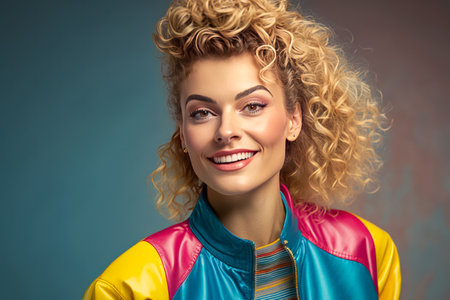 Smiling Woman. 1980s Fashion. Wearing Colorful Jacket, Solid Studio Background. Generative AIの素材
