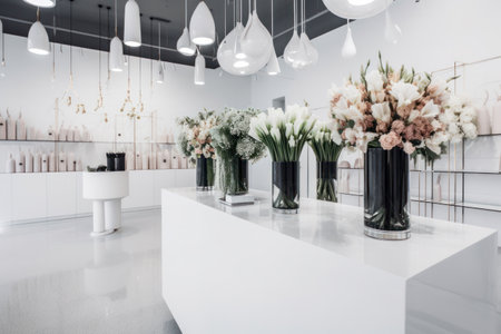 Flower shop interior. Modern Floral Boutique, Elegantly Arranged Bouquets and Minimalist Design. Generative AIの素材