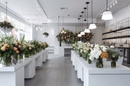 Flower shop interior. Modern Floral Boutique, Elegantly Arranged Bouquets and Minimalist Design. Generative AIの素材