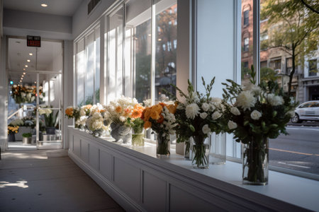 Flower shop interior. Modern Floral Boutique, Elegantly Arranged Bouquets and Minimalist Design. Generative AIの素材