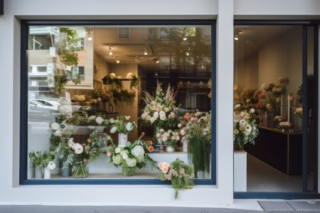 Stylish Modern Floral Boutique Window Display with Elegant Bouquets and Minimalist Decor. Generative AIの素材