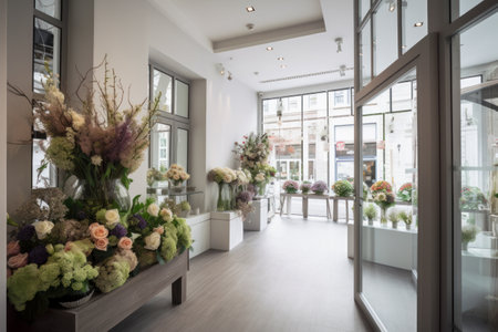 Flower shop interior. Modern Floral Boutique, Elegantly Arranged Bouquets and Minimalist Design. Generative AIの素材
