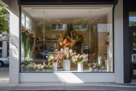 Stylish Modern Floral Boutique Window Display with Elegant Bouquets and Minimalist Decor. Generative AIの素材