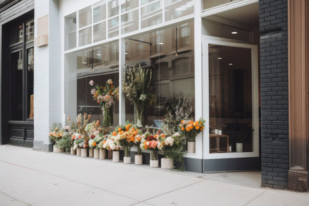 Stylish Modern Floral Boutique Window Display with Elegant Bouquets and Minimalist Decor. Generative AIの素材