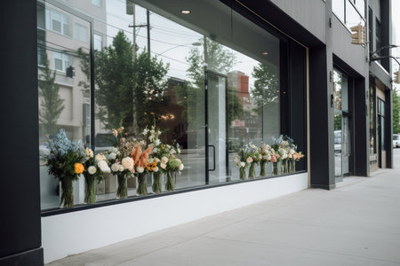 Stylish Modern Floral Boutique Window Display with Elegant Bouquets and Minimalist Decor. Generative AIの素材