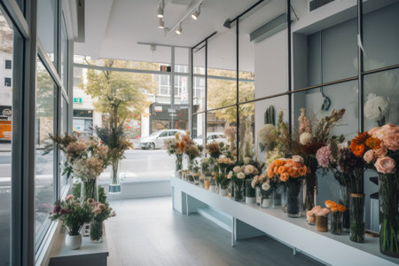 Flower shop interior. Modern Floral Boutique, Elegantly Arranged Bouquets and Minimalist Design. Generative AIの素材