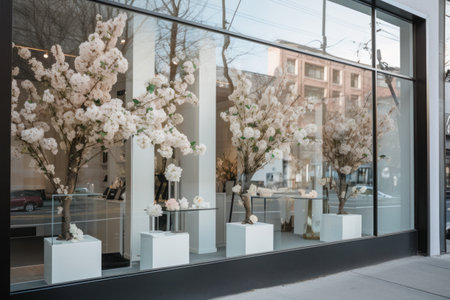 Stylish Modern Floral Boutique Window Display with Elegant Bouquets and Minimalist Decor. Generative AIの素材