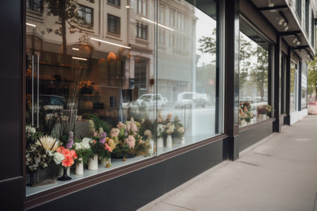 Stylish Modern Floral Boutique Window Display with Elegant Bouquets and Minimalist Decor. Generative AIの素材