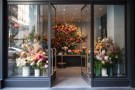 Stylish Modern Floral Boutique Window Display with Elegant Bouquets and Minimalist Decor. Generative AIの素材