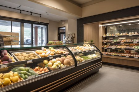 Contemporary Grocery Store Interior Design with Fresh Produce and Organic Products, Generative AIの素材