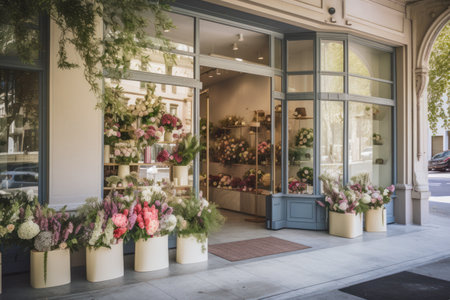 Stylish Modern Floral Boutique Window Display with Elegant Bouquets and Minimalist Decor. Generative AIの素材