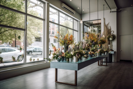 Flower shop interior. Modern Floral Boutique, Elegantly Arranged Bouquets and Minimalist Design. Generative AIの素材