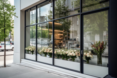Stylish Modern Floral Boutique Window Display with Elegant Bouquets and Minimalist Decor. Generative AIの素材