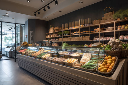 Contemporary Grocery Store Interior Design with Fresh Produce and Organic Products, Generative AIの素材