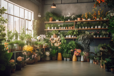 Flower Store Interior with Colorful Blooms, Lush Greenery, Rustic Wooden Shelves, and Natural Light. Generative AIの素材