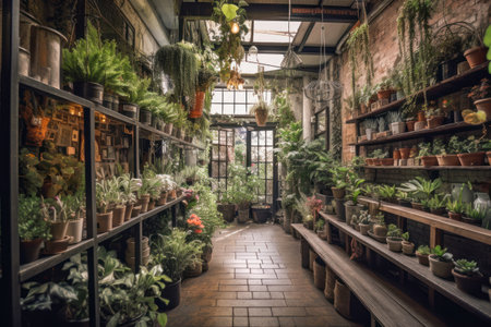 Flower Store Interior with Colorful Blooms, Lush Greenery, Rustic Wooden Shelves, and Natural Light. Generative AIの素材