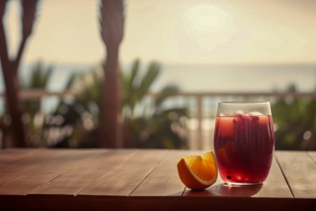 Refreshing Sangria: A Fruity Spanish Punch Served on Rustic Wooden Table with a Scenic Beach, Palm Trees, and Sea View in the Blurred Background - Perfect for Summer Getaways - Generative AIの素材