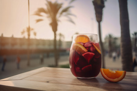 Refreshing Sangria: A Fruity Spanish Punch Served on Rustic Wooden Table with a Scenic Beach, Palm Trees, and Sea View in the Blurred Background - Perfect for Summer Getaways - Generative AIの素材