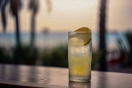 Tom Collins Cocktail: A Refreshing Gin-Based Drink on a Wooden Table with a Breathtaking Sea View and Beach Ambiance. Generative AIの素材