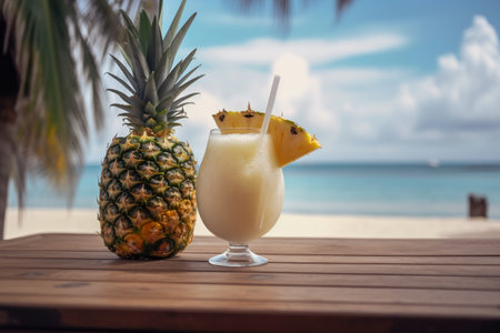 Tropical Pina Colada: Refreshing Cocktail. Sea, Beach View, Perfect for Vacation and Relaxation. Generative AIの素材