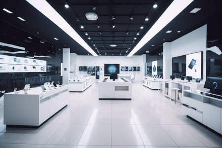 Modern Contemporary Interior of Consumer Electronics Store with a Sleek Design and a Futuristic Vibe. Generative AIの素材