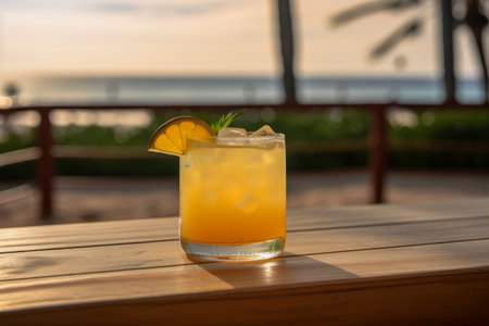 Paloma cocktail, on a wooden table with stunning ocean view, beach as the backdrop,. Generative AIの素材