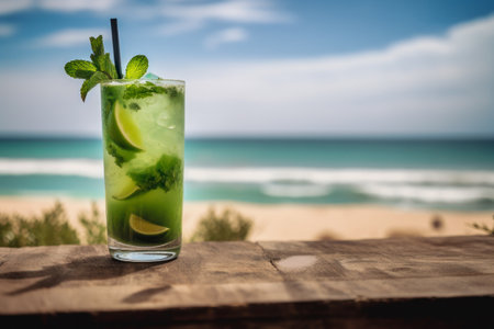 Mint Mojito Cocktail on Wooden Table at Beach, Sea View Background. Summer Vacation Drink. Generative AIの素材