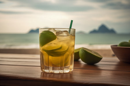 Caipirinha cocktail on a wooden table with a mesmerizing sea, beach background, evoking relaxing, tropical paradise vibe. Generative AIの素材