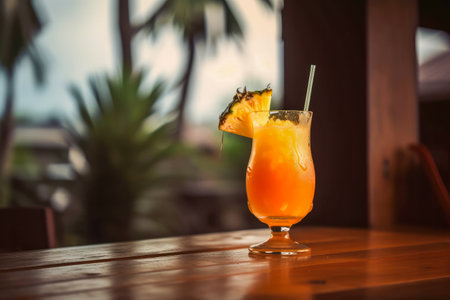 Tropical Mai Tai Tiki Cocktail Served on Wooden Table; Sea, and Palm Trees Background, Perfect Summer Vacation Refreshment. Generative AIの素材