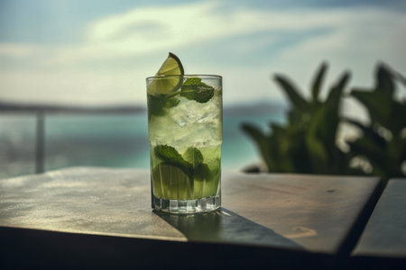 Mint Mojito Cocktail on Wooden Table at Beach, Sea View Background. Summer Vacation Drink. Generative AIの素材