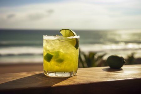 Caipirinha cocktail on a wooden table with a mesmerizing sea, beach background, evoking relaxing, tropical paradise vibe. Generative AIの素材