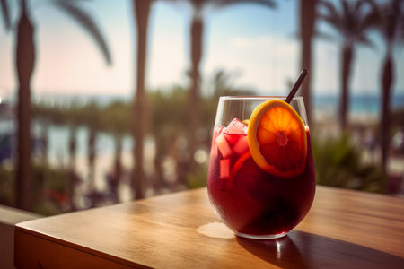 Refreshing Sangria: A Fruity Spanish Punch Served on Rustic Wooden Table with a Scenic Beach, Palm Trees, and Sea View in the Blurred Background - Perfect for Summer Getaways - Generative AIの素材