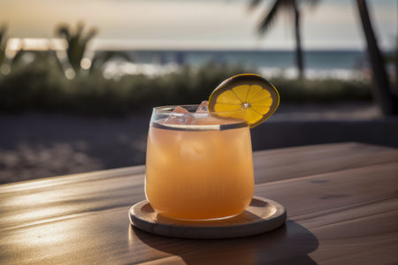Paloma cocktail, on a wooden table with stunning ocean view, beach as the backdrop,. Generative AIの素材