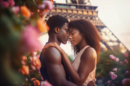 Diverse romantic couple in Paris. Loving boyfriend and flirtatious girlfriend in dress embrace near Eiffel Tower on sunny summer day, blooming flowers creating a picturesque atmosphere. Generative AIの素材
