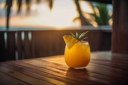 Tropical Mai Tai Tiki Cocktail Served on Wooden Table; Sea, and Palm Trees Background, Perfect Summer Vacation Refreshment. Generative AIの素材