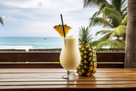 Tropical Pina Colada: Refreshing Cocktail. Sea, Beach View, Perfect for Vacation and Relaxation. Generative AIの素材