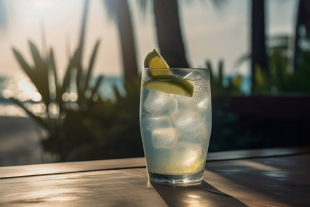 Tom Collins Cocktail: A Refreshing Gin-Based Drink on a Wooden Table with a Breathtaking Sea View and Beach Ambiance. Generative AIの素材