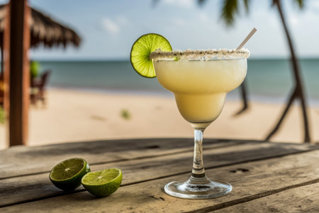 Margarita by the Shore. A Vibrant Classic Cocktail on a Wooden Table with a Serene Sea and Beach Background. Generative AIの素材