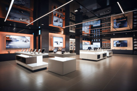 Modern Contemporary Interior of Consumer Electronics Store with a Sleek Design and a Futuristic Vibe. Generative AIの素材