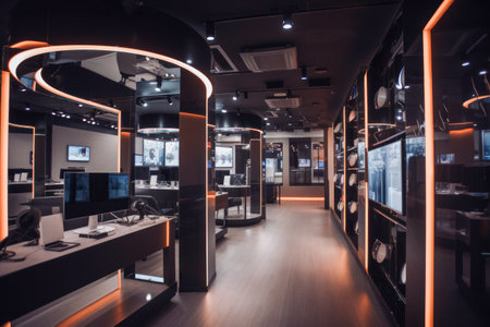 Modern Contemporary Interior of Consumer Electronics Store with a Sleek Design and a Futuristic Vibe. Generative AIの素材