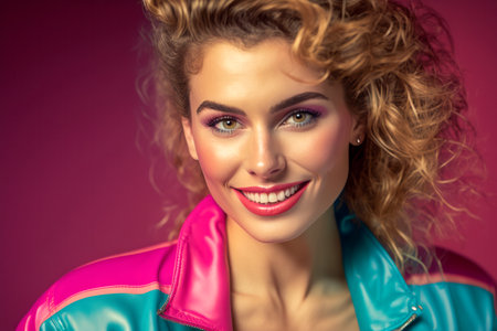 Smiling Woman. 1980s Fashion. Wearing Colorful Jacket, Solid Studio Background. Generative AIの素材