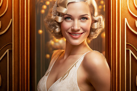 Woman in 1920s Fashion Posing Cheerfully at Themed Party with Art Deco Ornament Background - Perfect for Retro and Gatsby Events - Generative AIの素材