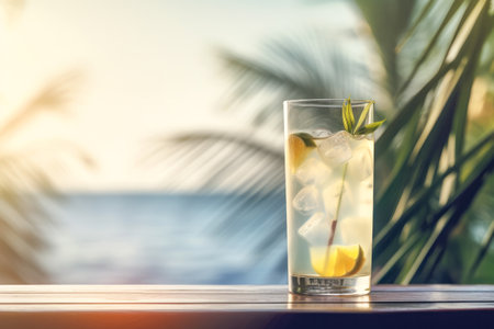 Tom Collins Gin-Based Cocktail Served on a Wooden Table with Sea, and Palm Trees Background - Perfect for Summer Vacation and Relaxation - Generative AIの素材