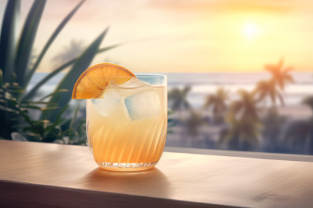 Paloma Cocktail on Wooden Table with Stunning Seaside View, Beach, and Palm Trees in Background, Bokeh Effect Enhancing Dreamy Atmosphere - Generative AIの素材