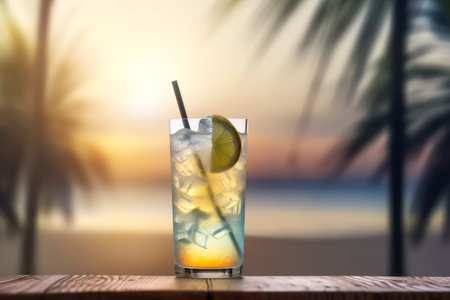 Tom Collins Gin-Based Cocktail Served on a Wooden Table with Sea, and Palm Trees Background - Perfect for Summer Vacation and Relaxation - Generative AIの素材