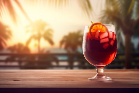 Refreshing Sangria in Glass Pitcher with Fruit Slices on Wooden Table Overlooking Beach, Sea, Palm Trees in Blurred Background - Generative AIの素材